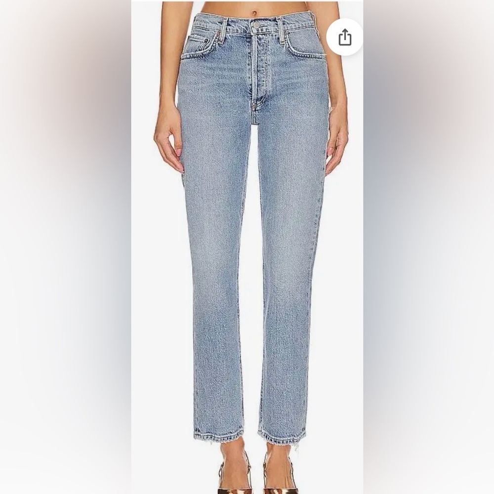 Agolde Riley High-Rise Crop Blue Straight Leg Jeans with Frayed Hem size 25
